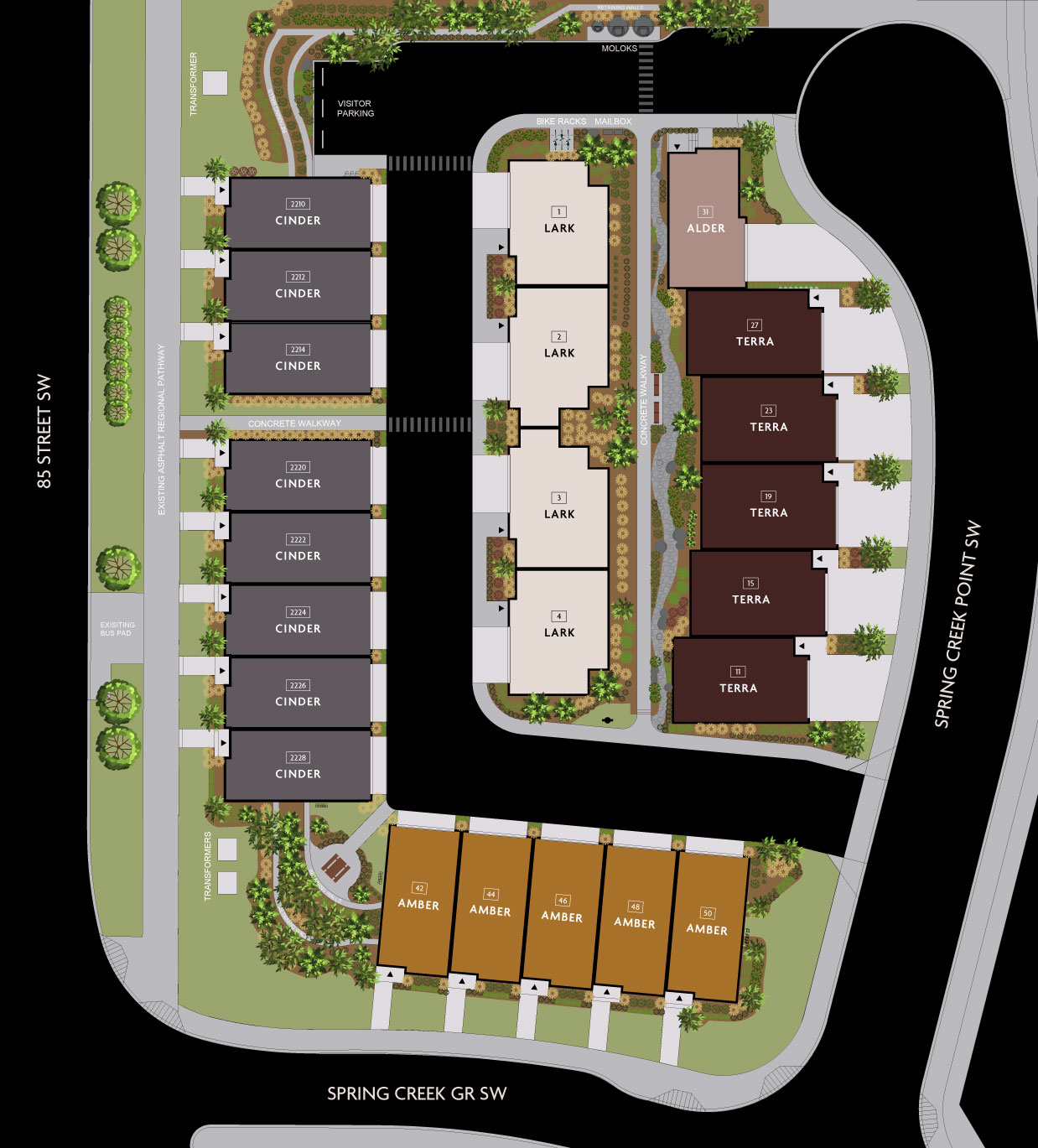 Site plan of a new development located at the edge of a lake, showing layout and surrounding features.
